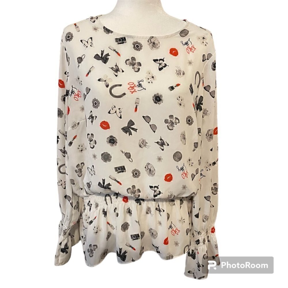 Libby Edelman Novelty Blouse Long Sleeve Elastic Cuff Valentine's Size XL